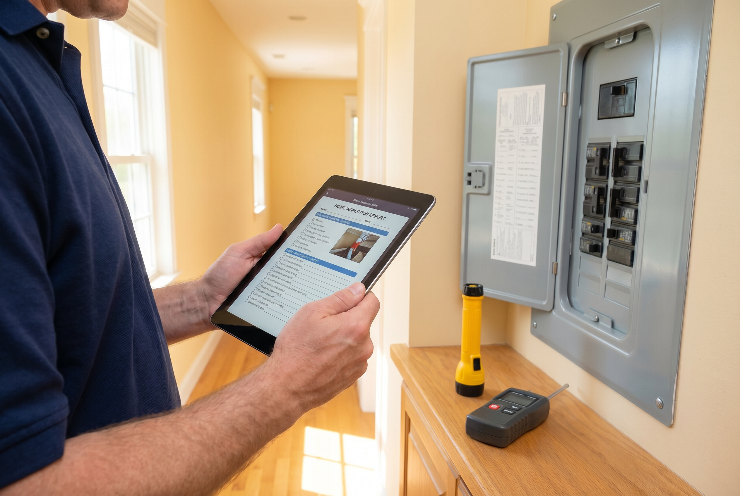 Home inspector Jim Cassell reviewing electrical systems during a Madison NC home inspection